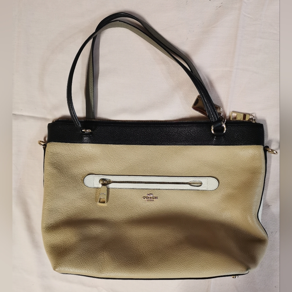 Coach Tyler Cream White Black Leather Shoulder Tote Bag